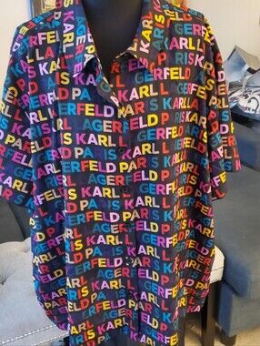 Karl Lagerfeld PLUS Sized Short-Sleeve Button-Down with RAINBOW Logo Print